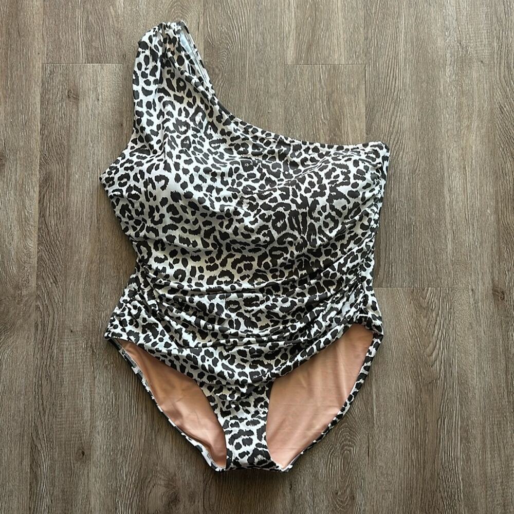 NWT J.Crew Ruched One‎ Shoulder One Piece Swimsuit Leopard Size 22 Taupe Multi